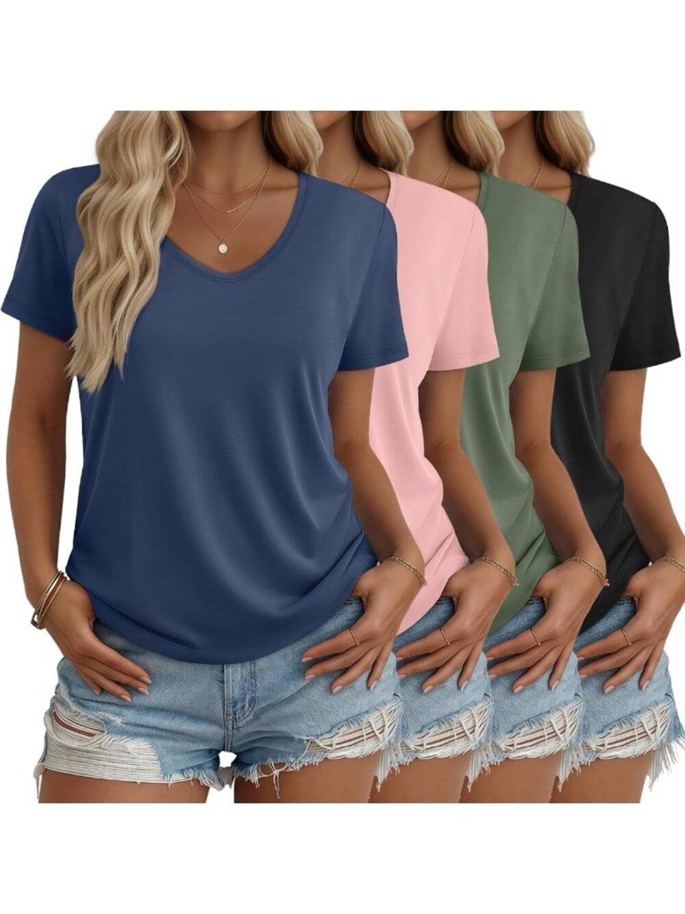 4 Pack Women's V-Neck T-Shirts - Soft Cotton, Casual Style, Versatile Wardrobe
